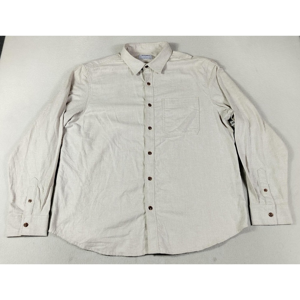 Old Navy Flannel Shirt Mens XL Beige Solid Long Sleeve Button Up Cabincore Warm